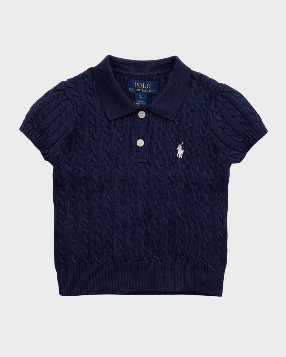 Girl's Cotton Mini Cable-Knit Short-Sleeve Polo Sweater, Size 3-